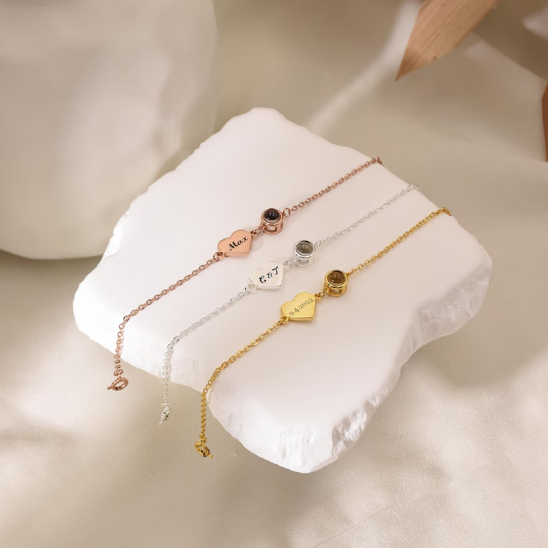 Rose Gold Bracelet - Personalisiertes Namensarmband mit Fotoprojektionsarmband für Frauen,